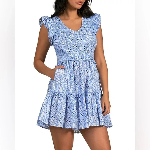 Elan Blue Smocked Ariel Dress Size Small - Picture 2 of 10